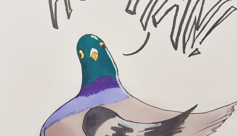 piccione disegno con colori verde viola e grigio