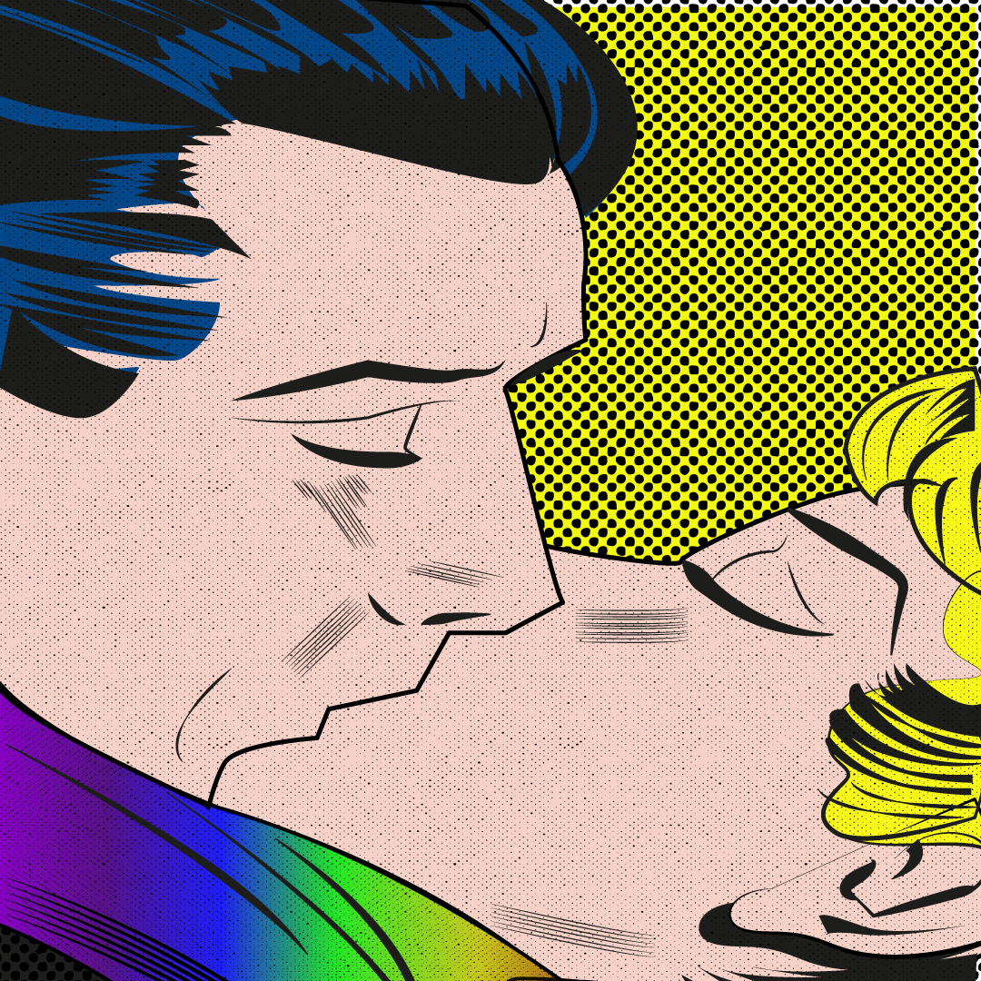 illustrazione adobe illustrator bacio gay giallo comic retro